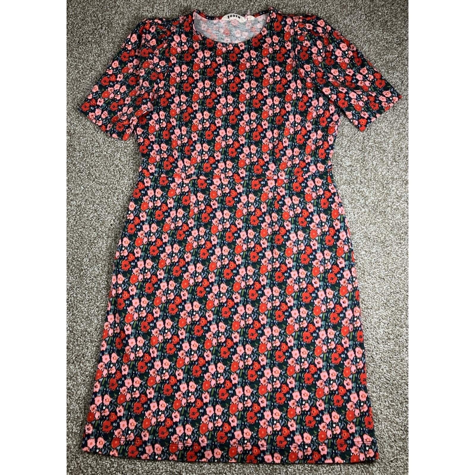 Boden Zoe Cotton Jersey Dress Pink Red Floral Print Puff Short Sleeve Size 10r